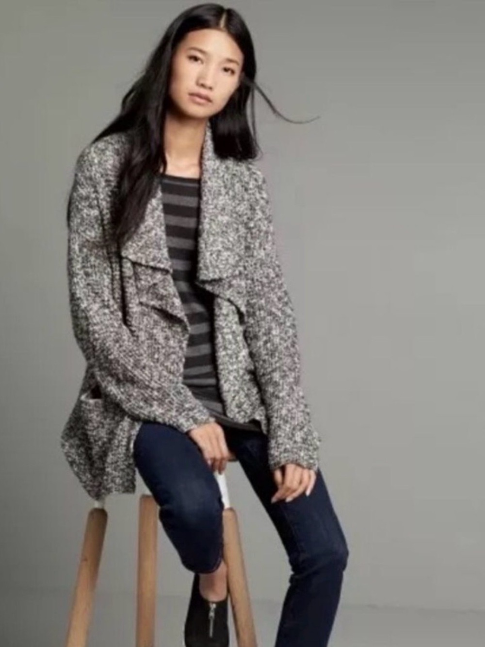 Eileen Fisher Draped Cardigan Size Large Black & White Peruvian Cotton/Alpaca